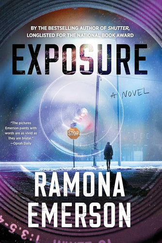 Book Cover for Exposure by Romana Emerson. Dramatic pictures of girl walking alone in snow. Street post and stop sign 