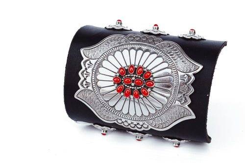 Black bow guard with silver and coral stones